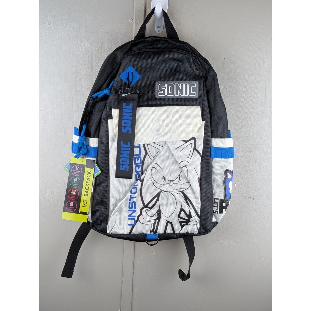 Sonic the Hedgehog 17.5 Inch Backpack Padded Laptop Sleeve Black White Blue NWT